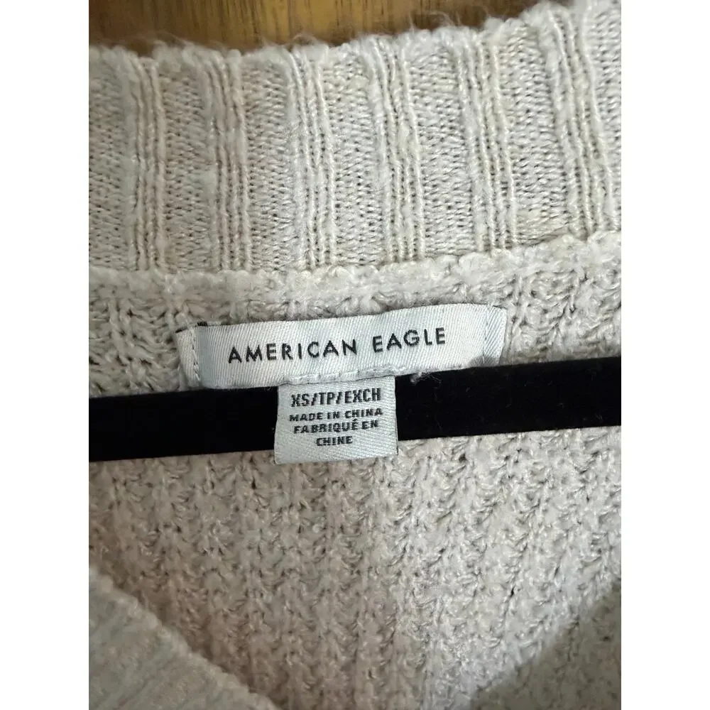 American Eagle Waffle Knit Sweater XS Cream Brown Stripe Oversized Cozy Pullover